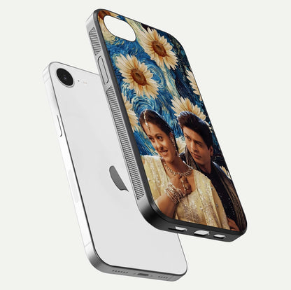Eternal Love Story Glass Case for iPhone 16e floating mockup showing glossy shine and romantic tone