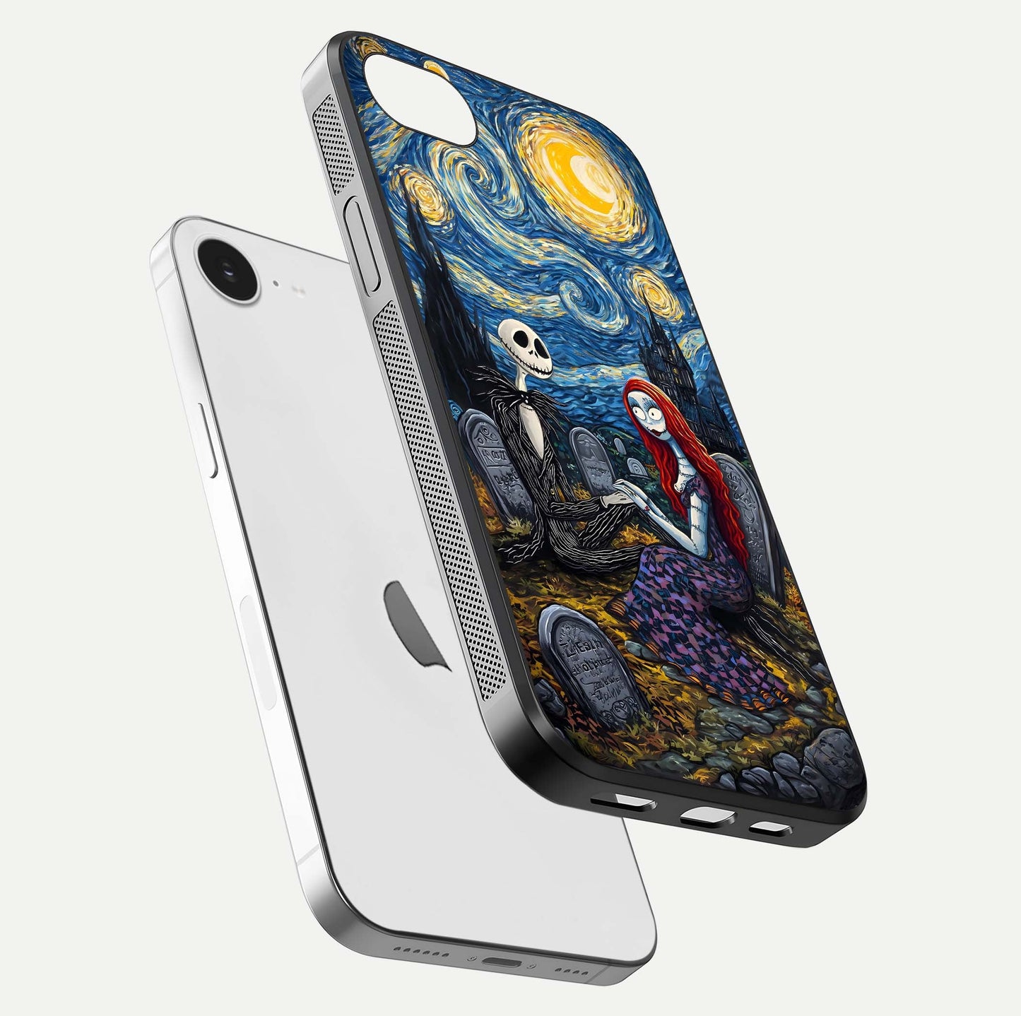 Eternal Night Love Glass Case for iPhone 16e floating mockup showing gloss brightness and romantic vibe