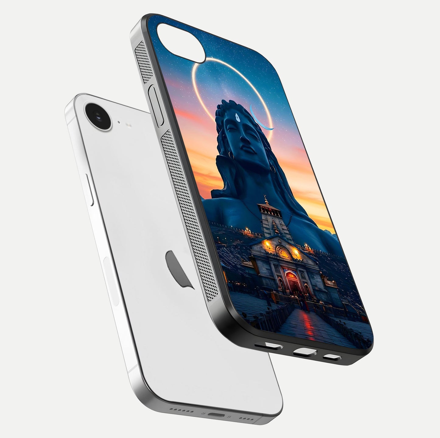 Eternal Shiva Aura Glass Case for iPhone 16e floating mockup showing gloss texture and spiritual glow