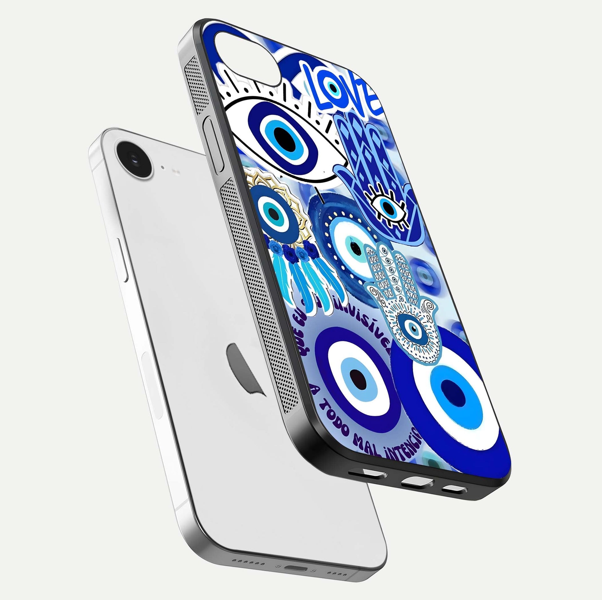 Evil Eyes Dream Glass Case for iPhone 16e floating mockup showing glossy shine and elegant pattern clarity