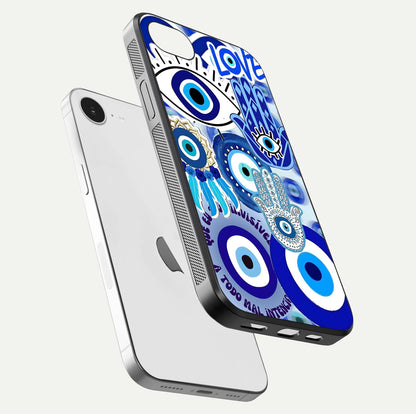 Evil Eyes Dream Glass Case for iPhone 16e floating mockup showing glossy shine and elegant pattern clarity