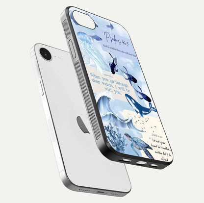 Faithful Ocean Promise Glass Case for iPhone 16e floating mockup displaying glossy surface and vivid depth
