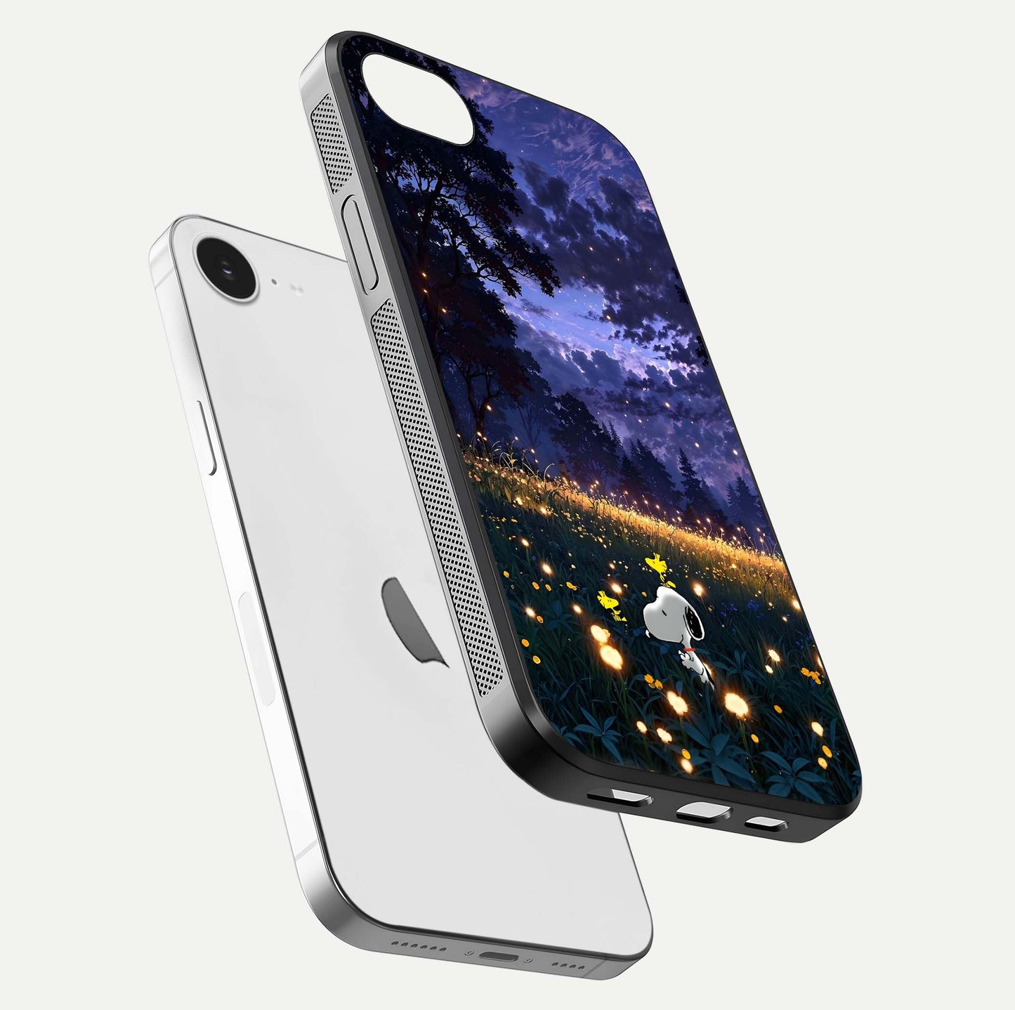 Firefly Meadow Magic Glass Case for iPhone 16e floating mockup showing gloss polish and magical night hues