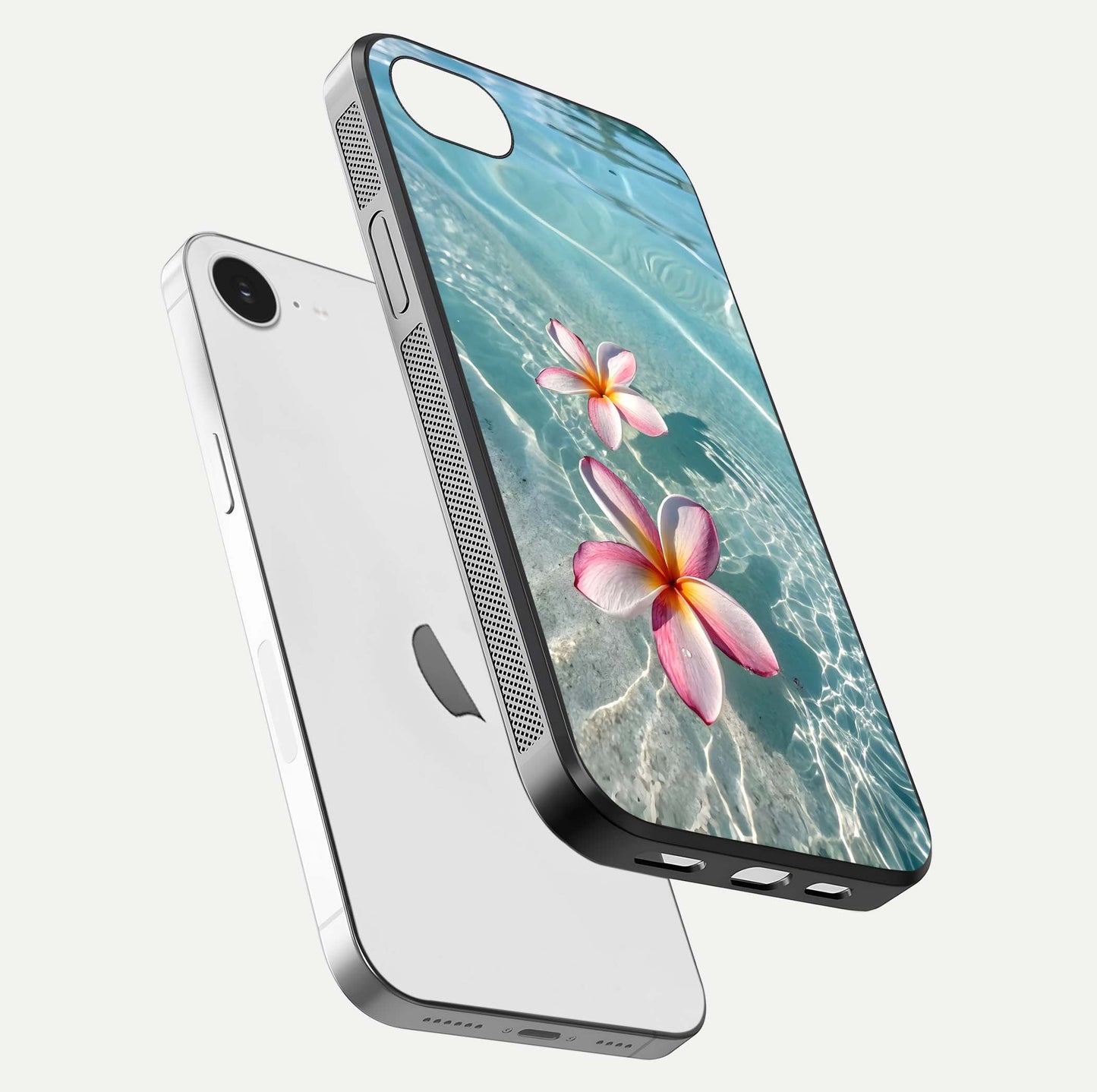 Floating Bloom Bliss Glass Case for iPhone 16e floating mockup showing HD gloss shine and floral texture