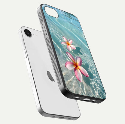 Floating Bloom Bliss Glass Case for iPhone 16e floating mockup showing HD gloss shine and floral texture