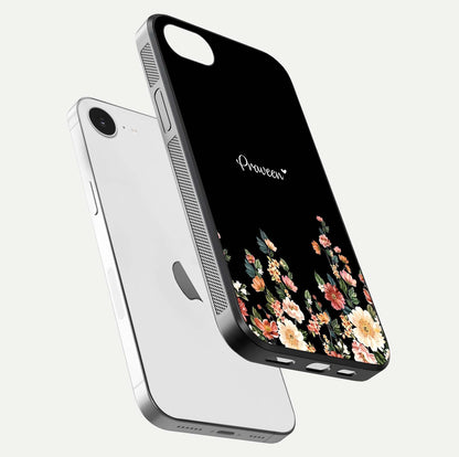 Floral Design Personalized Custom Name Glass Case for iPhone 16e floating mockup showing reflection polish and vivid colors