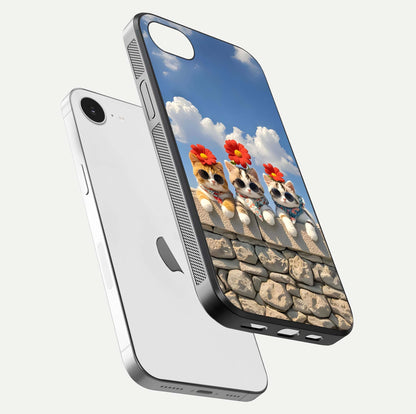 Floral Kitty Squad Glass Case for iPhone 16e floating mockup showing gloss texture and playful charm