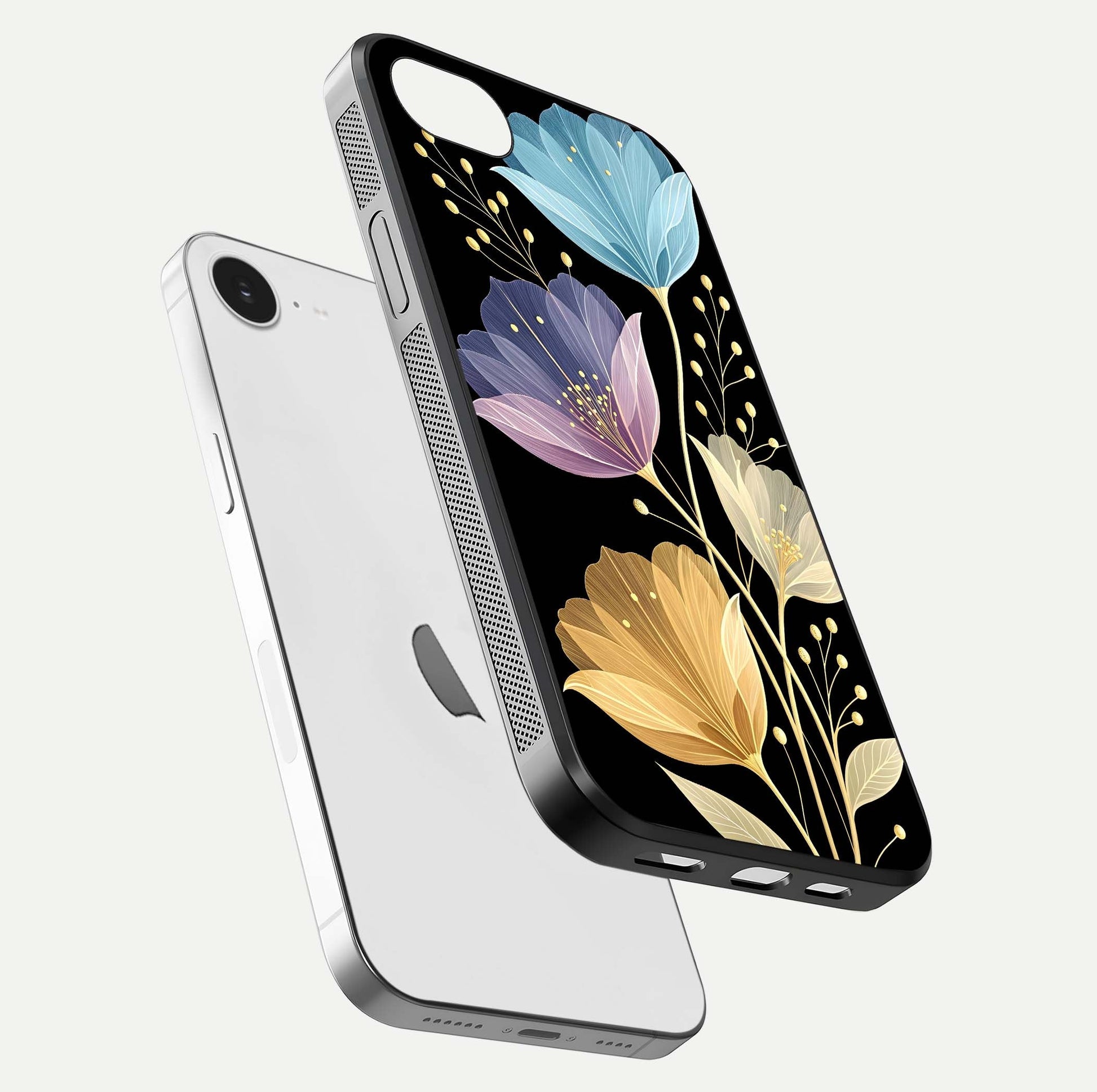 Flower Bloom Glow Glass Case for iPhone 16e floating mockup showing HD shine and artistic detail