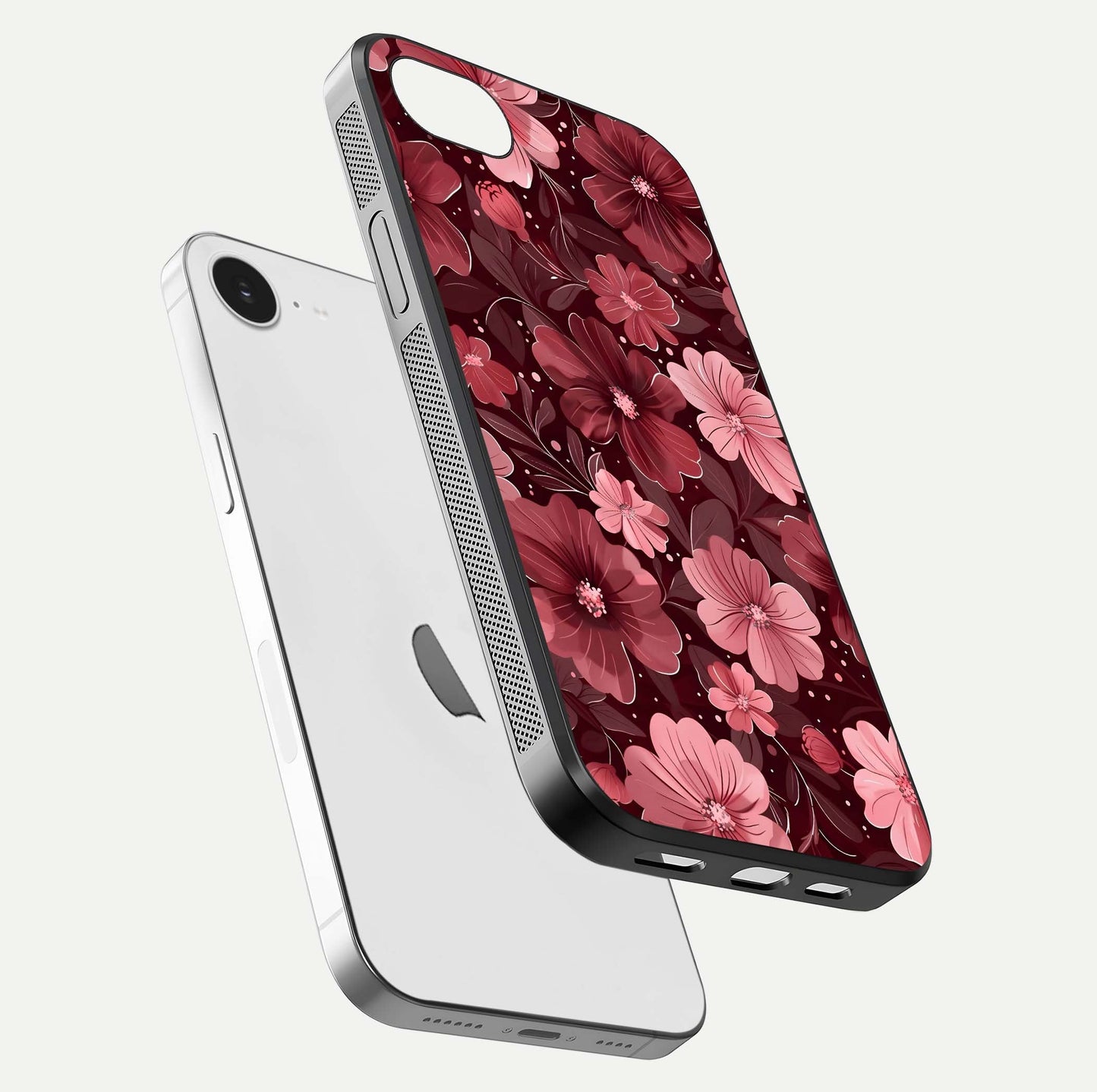 Flower Blush Bloom Glass Case for iPhone 16e floating mockup showing shine polish and elegant look