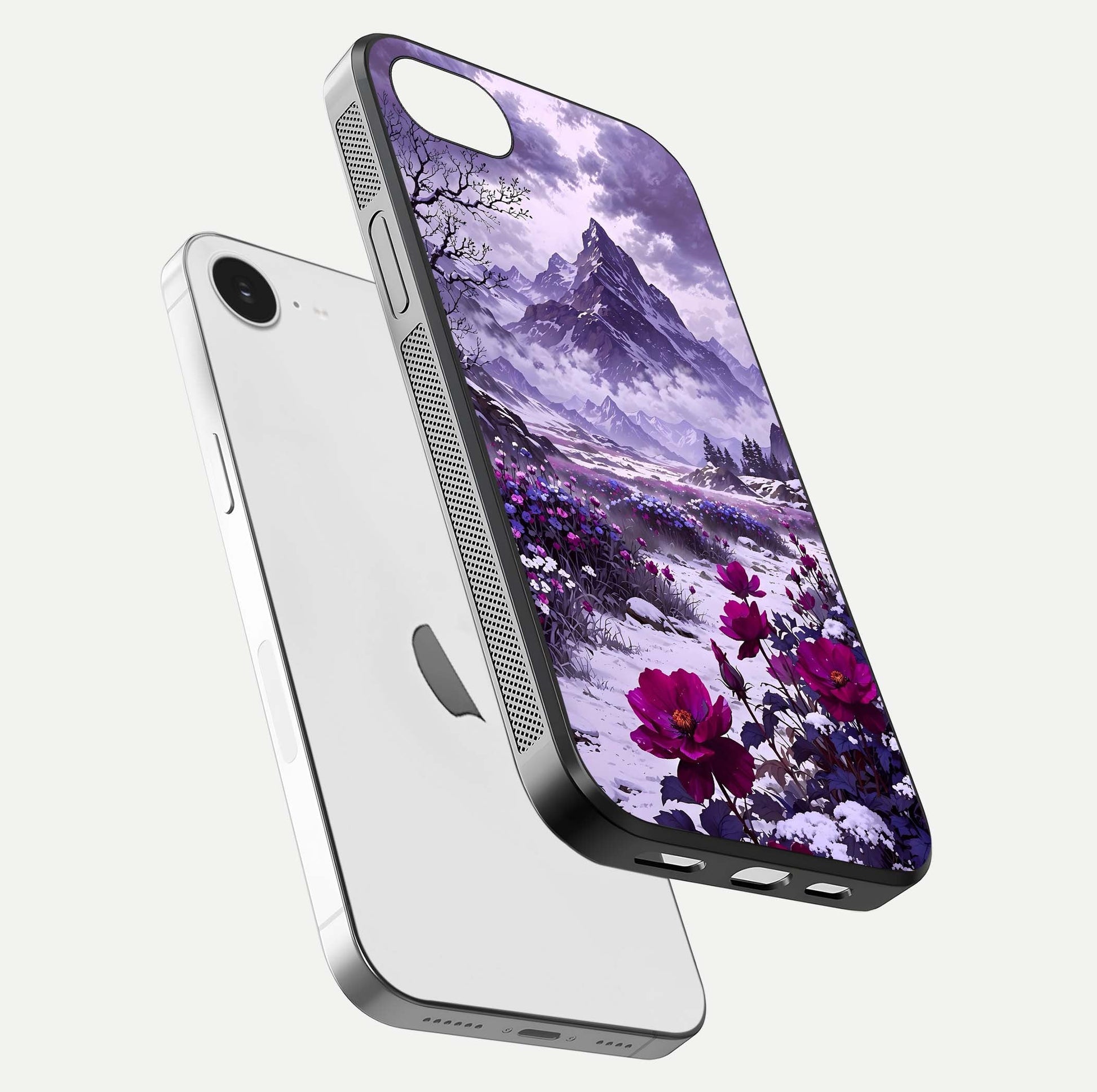 Flower Mountain View Glass Case for iPhone 16e floating mockup showing reflection glow and artistic clarity