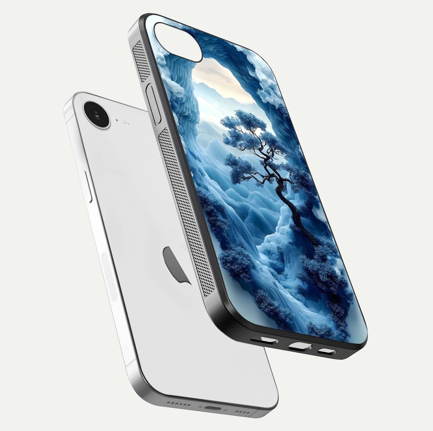 Frozen Serenity Gate Glass Case for iPhone 16e floating mockup showing glossy depth and crystal glow