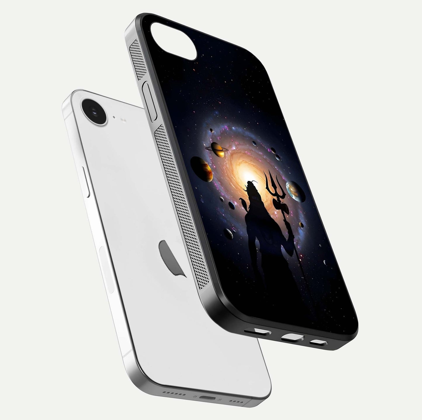 Galactic Shiva Vision Glass Case for iPhone 16e floating dual-view mockup displaying vibrant cosmic colors and smooth gloss texture