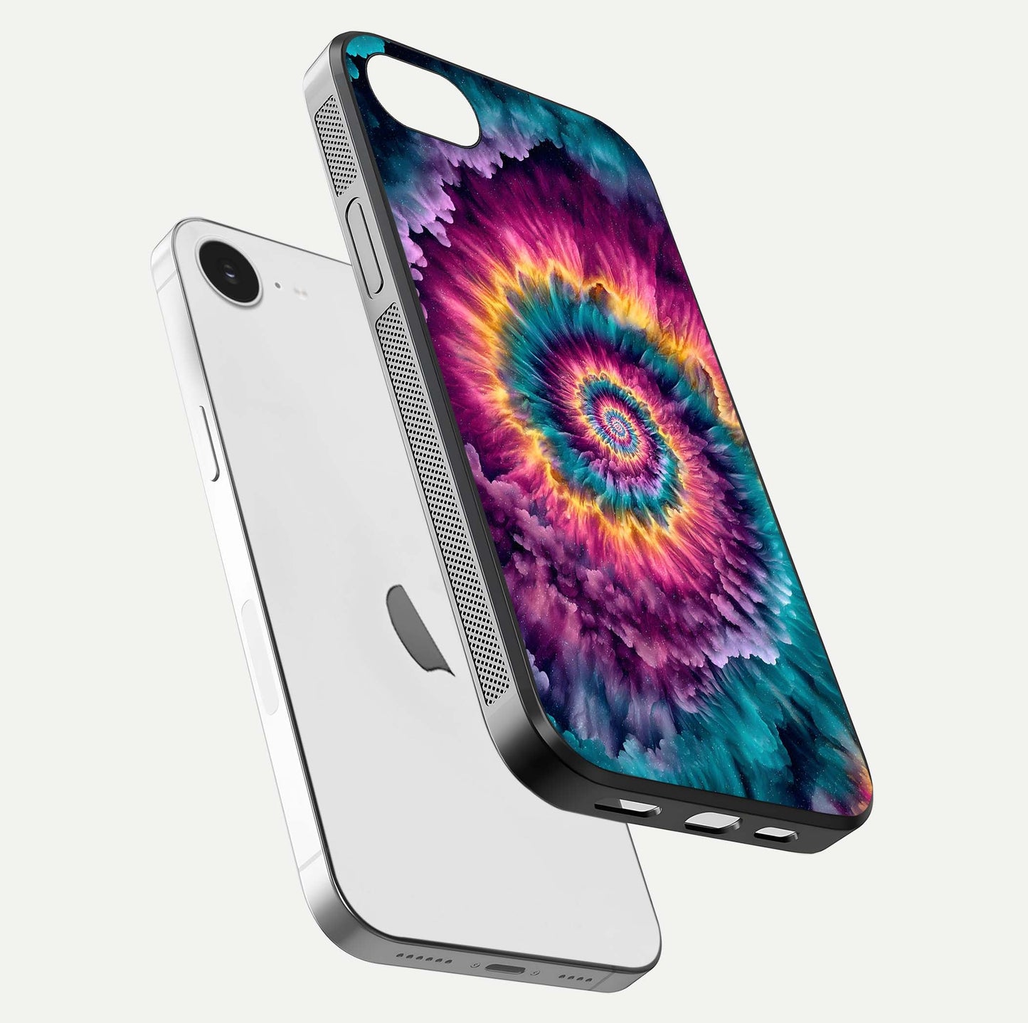 Galactic Spiral Burst Glass Case for iPhone 16e floating dual-view mockup displaying light trails and smooth gloss shine