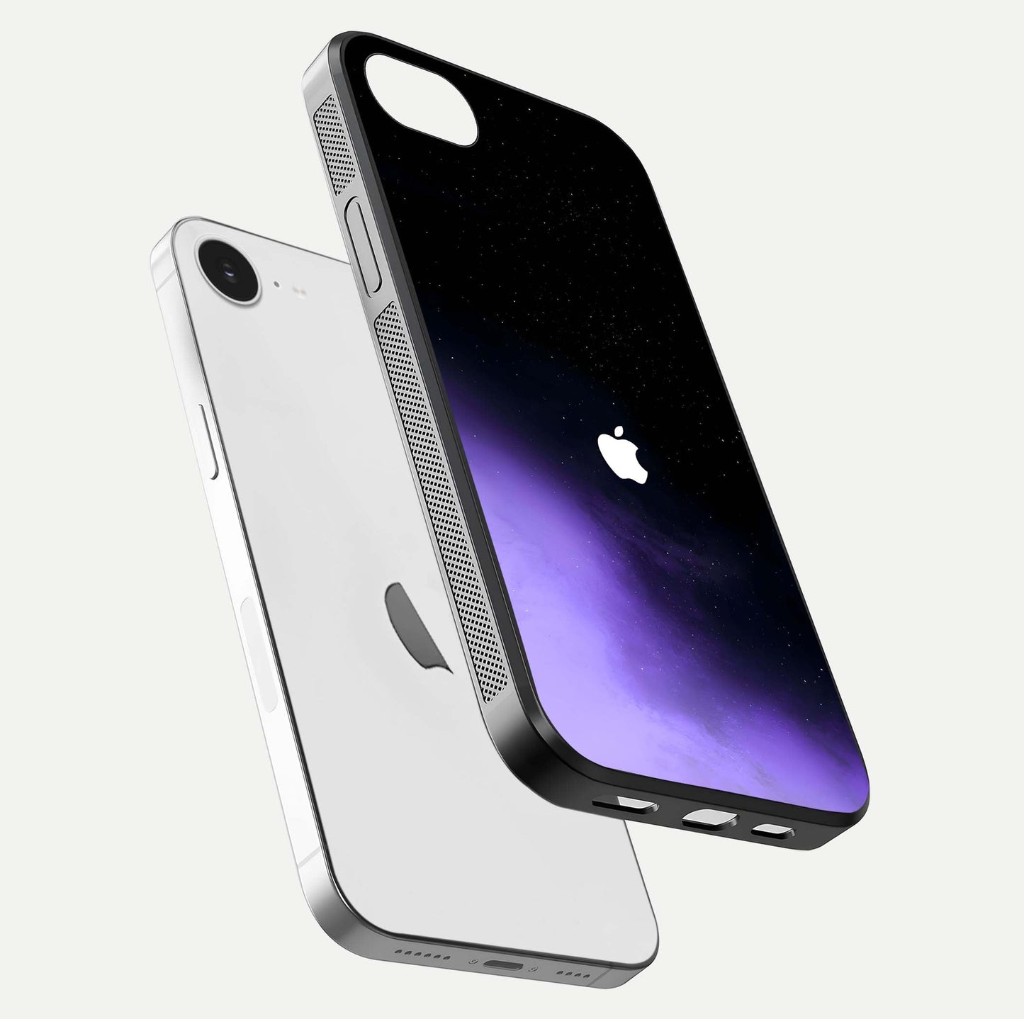 Galaxy Apple Aura Glass Case for iPhone 16e floating dual-view mockup highlighting HD gloss and deep space color blend