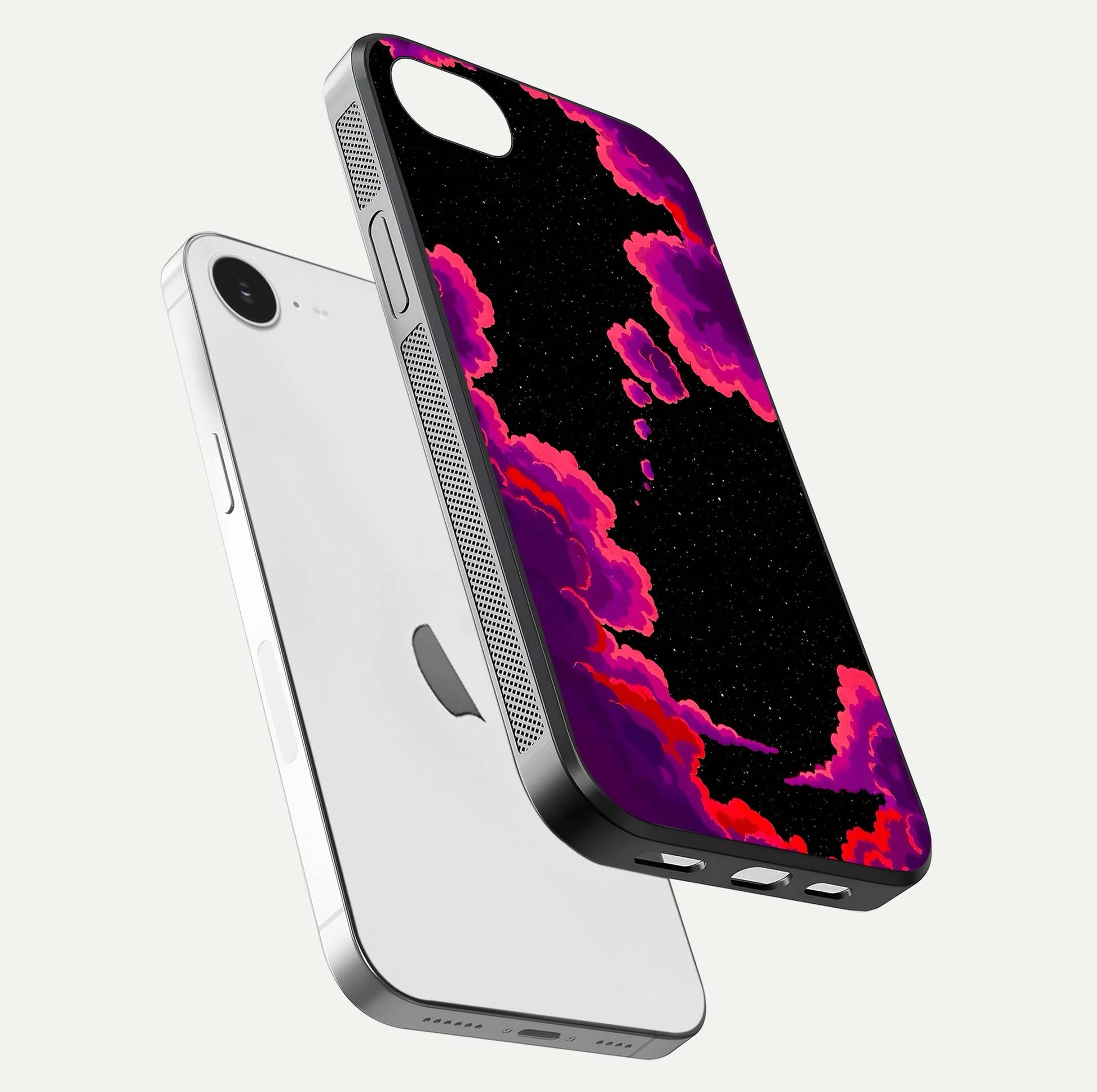 Galaxy Dream Frame Glass Case for iPhone 16e floating dual-view mockup showing vibrant gloss and space-themed tones