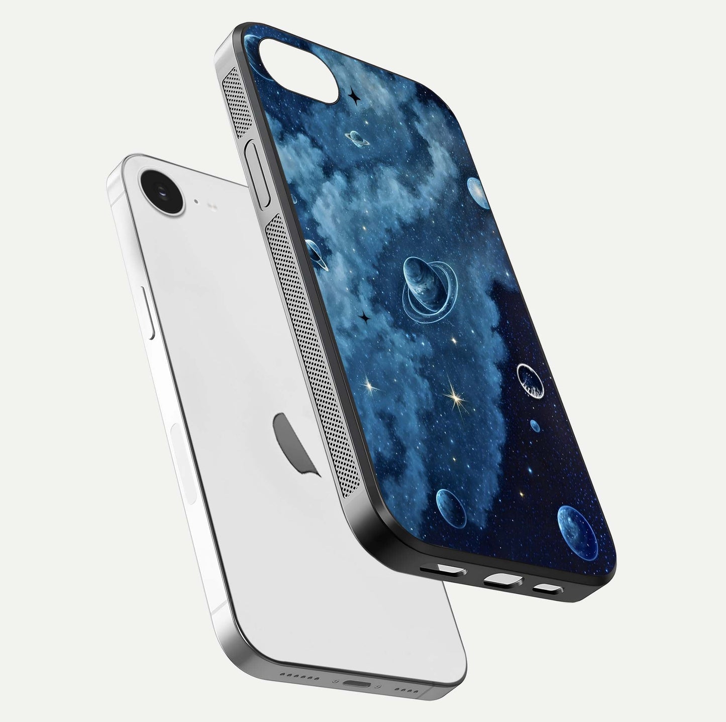 Galaxy Dream Space Glass Case for iPhone 16e floating dual-view mockup showing glossy finish and celestial depth