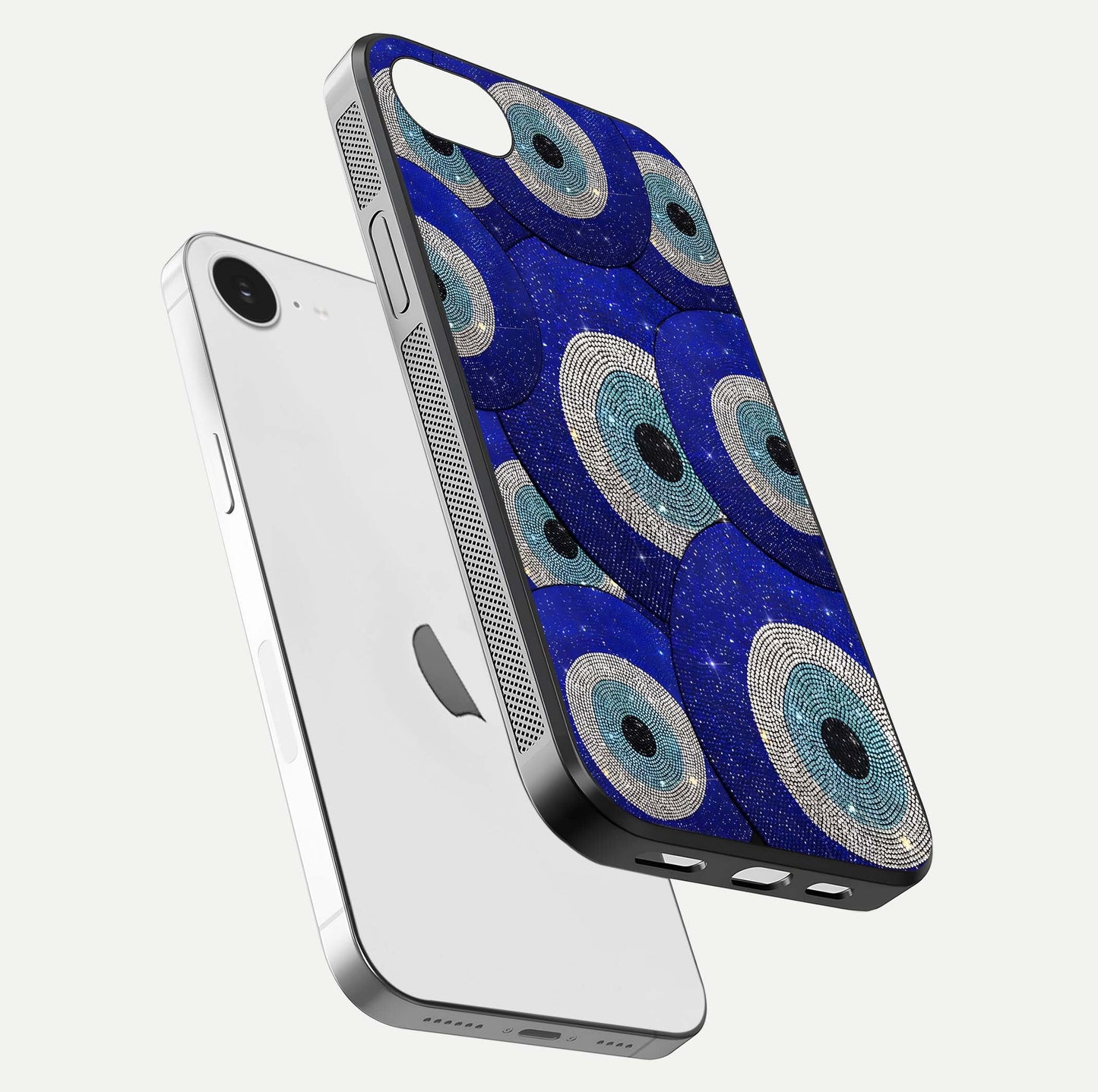 Galaxy Eye Flow Glass Case for iPhone 16e floating dual-view mockup showing gloss polish and glowing tones