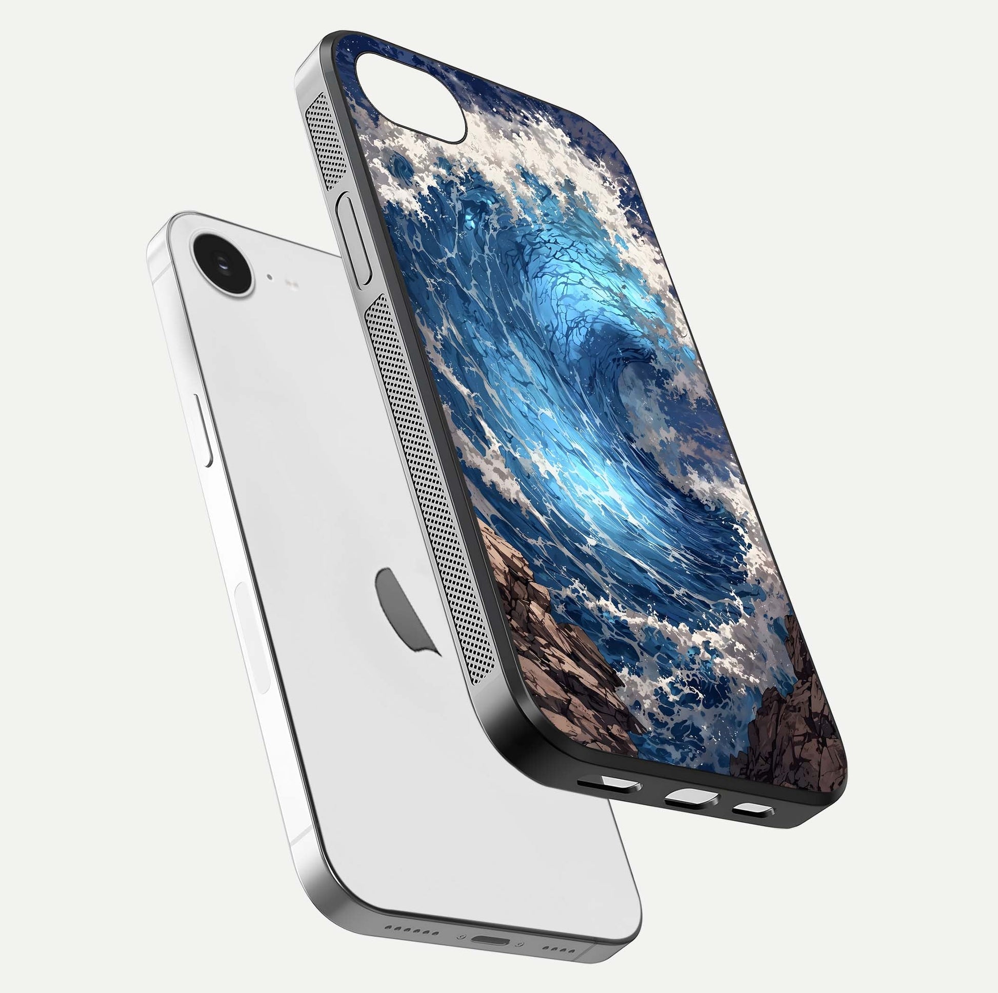 Giant Ocean Wave Glass Case for iPhone 16e floating dual-view mockup showing glossy depth and aquatic blue gradient