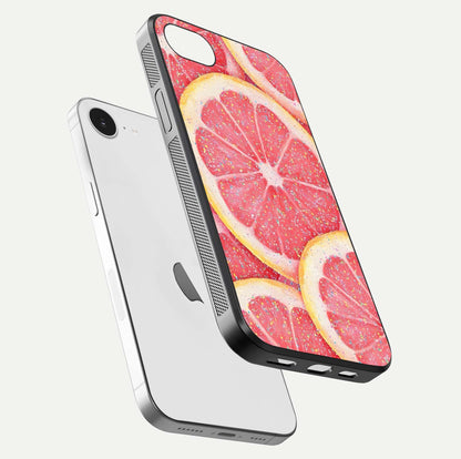 Glitter Grapefruit Glass Case for iPhone 16e floating dual-view mockup showing HD gloss and fresh color detail