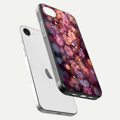 Glowing Petal Bliss Glass Case for iPhone 16e floating dual-view mockup showing gloss brightness and delicate tone