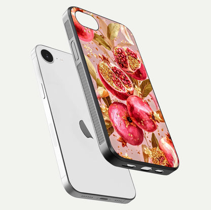 Golden Bloom Glow Glass Case for iPhone 16e floating dual-view mockup showing glossy shine and golden shimmer