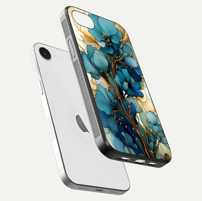 Golden Bloom Symphony Glass Case for iPhone 16e floating dual-view mockup displaying shine texture and luxury pattern