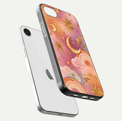 Golden Celestial Dreams Glass Case for iPhone 16e floating dual-view mockup showing gloss surface and dream-like glow