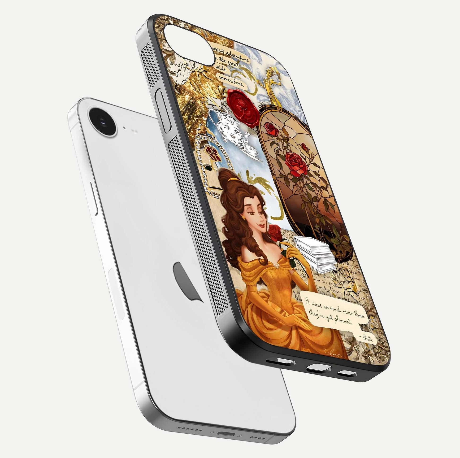 Golden Dream Belle Glass Case for iPhone 16e floating dual-view mockup highlighting gloss texture and elegant shimmer