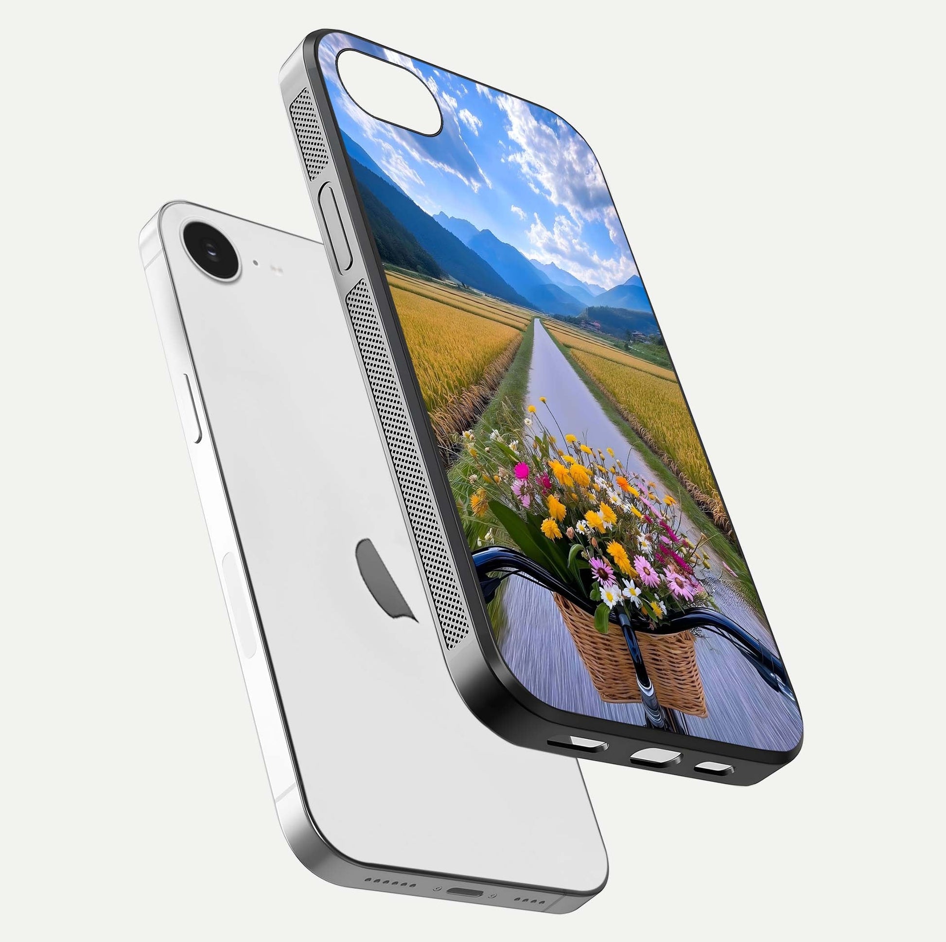 Golden Field Journey Glass Case for iPhone 16e floating dual-view mockup showing gloss surface and field depth