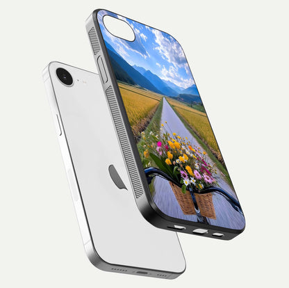 Golden Field Journey Glass Case for iPhone 16e floating dual-view mockup showing gloss surface and field depth