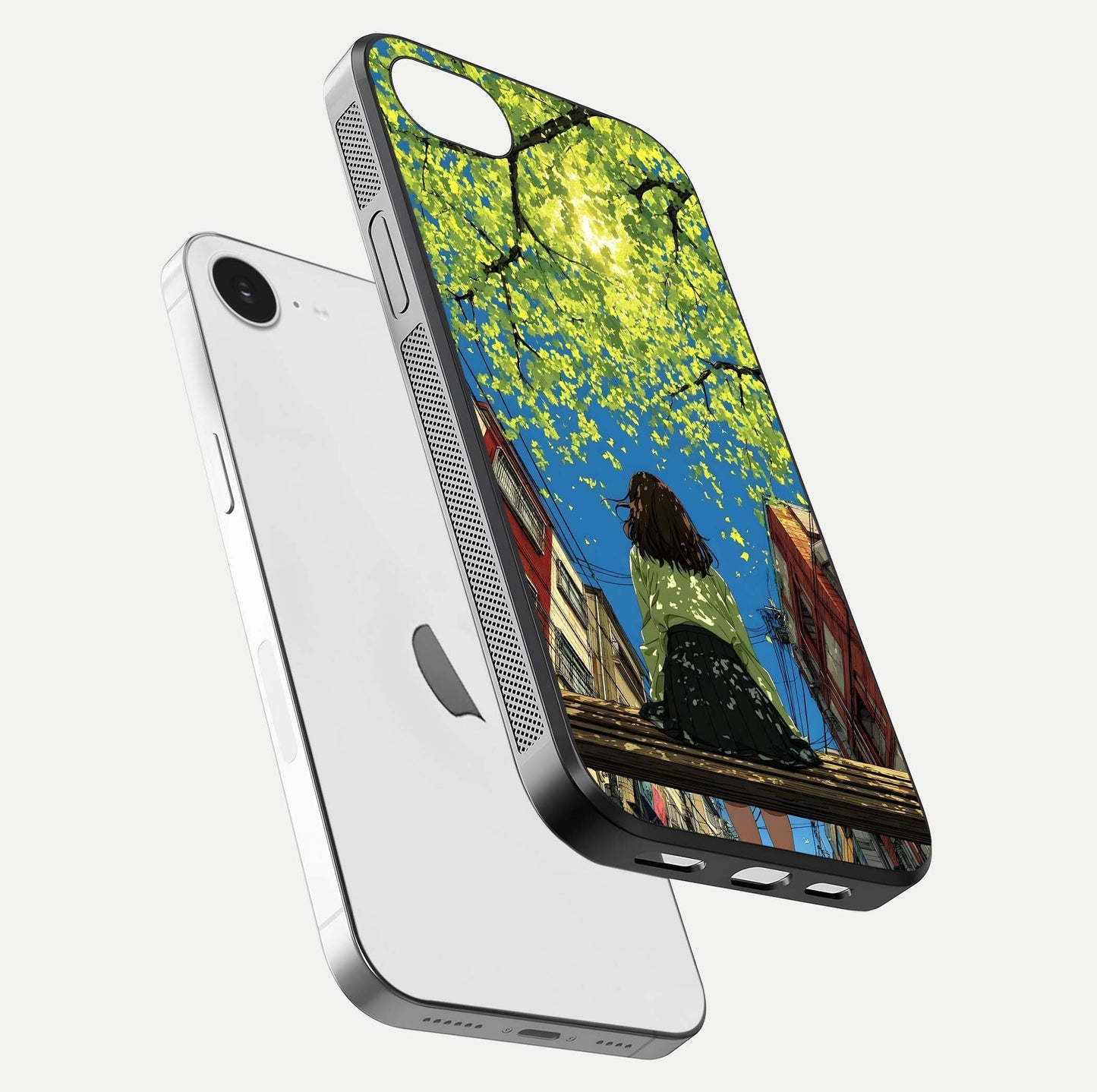 Golden Leaves Glow Glass Case for iPhone 16e floating dual-view mockup showing gloss depth and gold-leaf detail