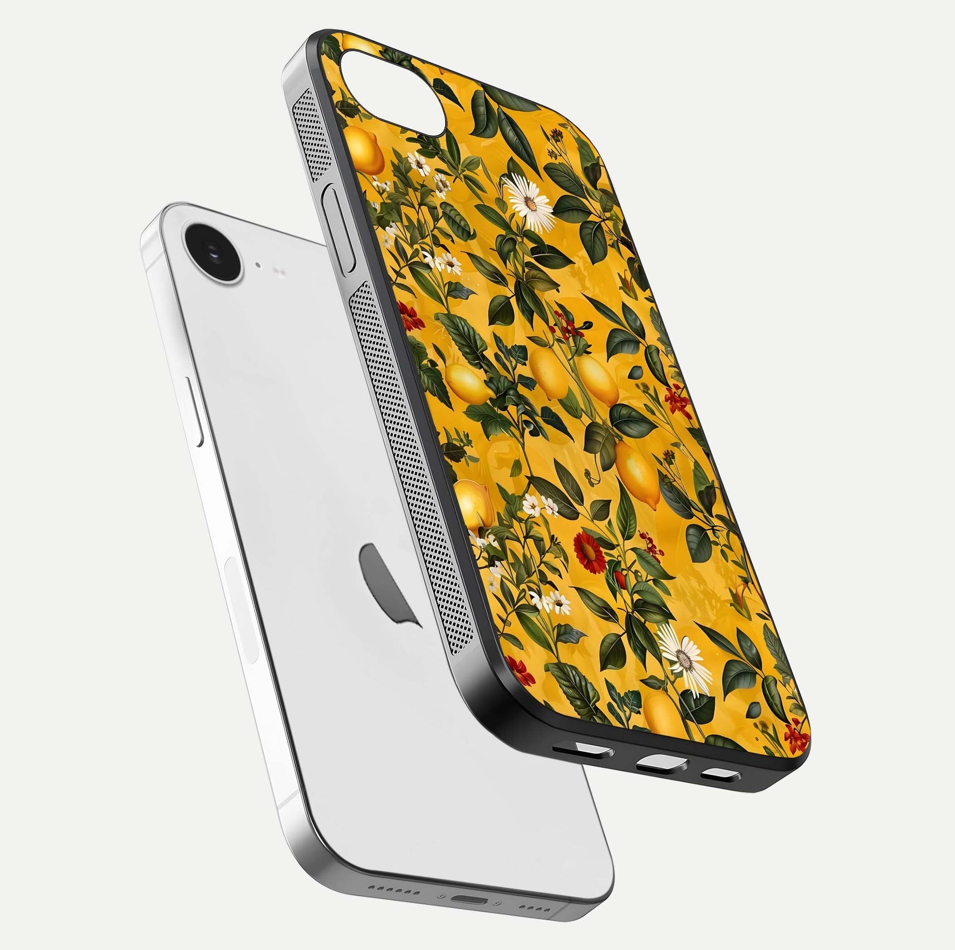 Golden Lemon Field Glass Case for iPhone 16e floating dual-view mockup showing gloss shine and yellow-gold palette