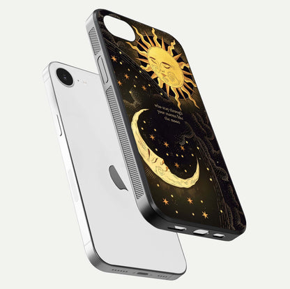 Golden Lunar Love Glass Case for iPhone 16e floating dual-view mockup showing glossy glow and romantic theme