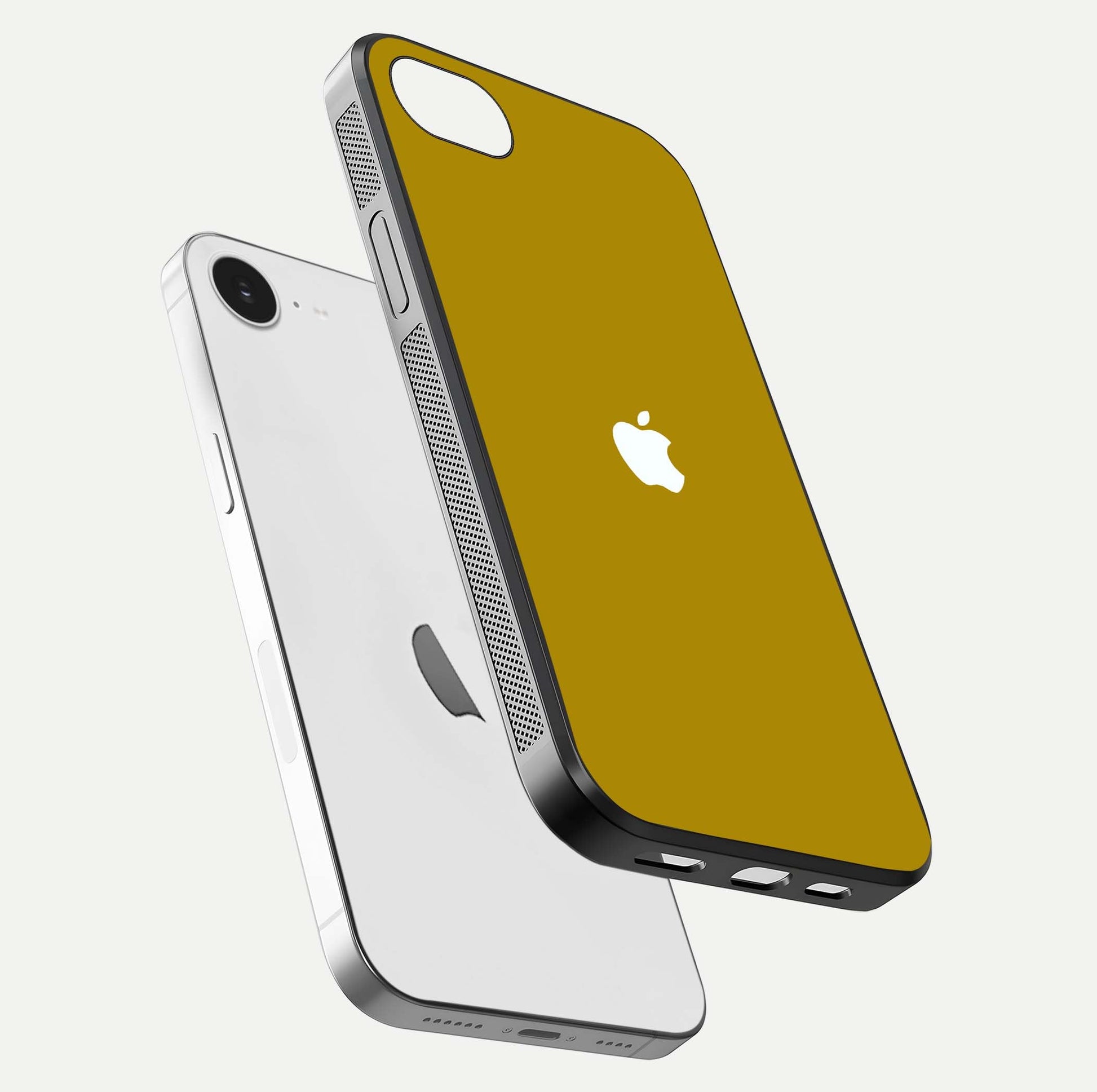 Golden Luxe Aura Glass Case for iPhone 16e floating dual-view mockup showing glossy texture and elegant gold gradient