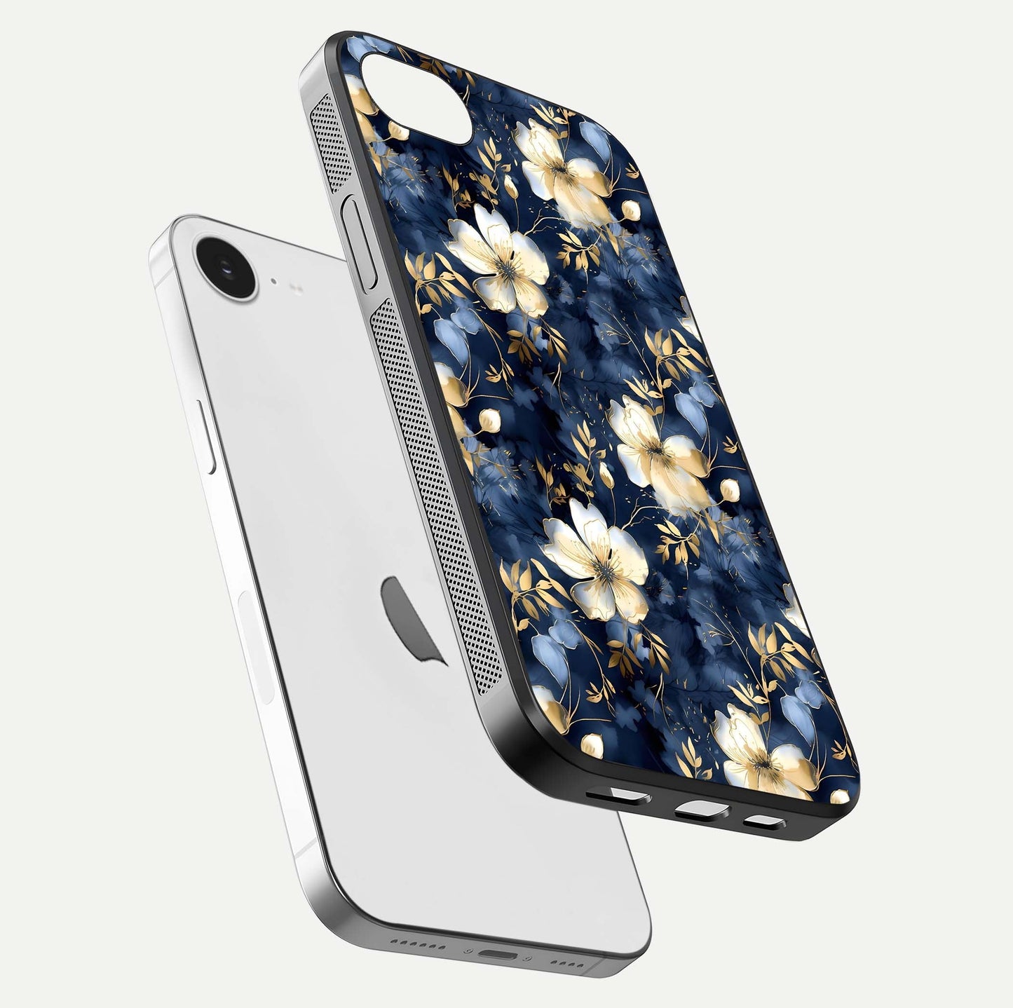 Golden Midnight Bloom Glass Case for iPhone 16e floating dual-view mockup showing gloss polish and metallic reflection