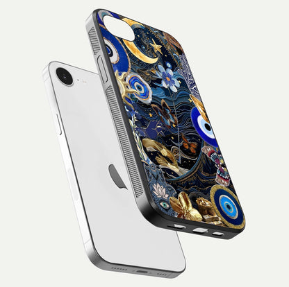 Golden Moon Magic Glass Case for iPhone 16e floating dual-view mockup showing gloss texture and golden illumination