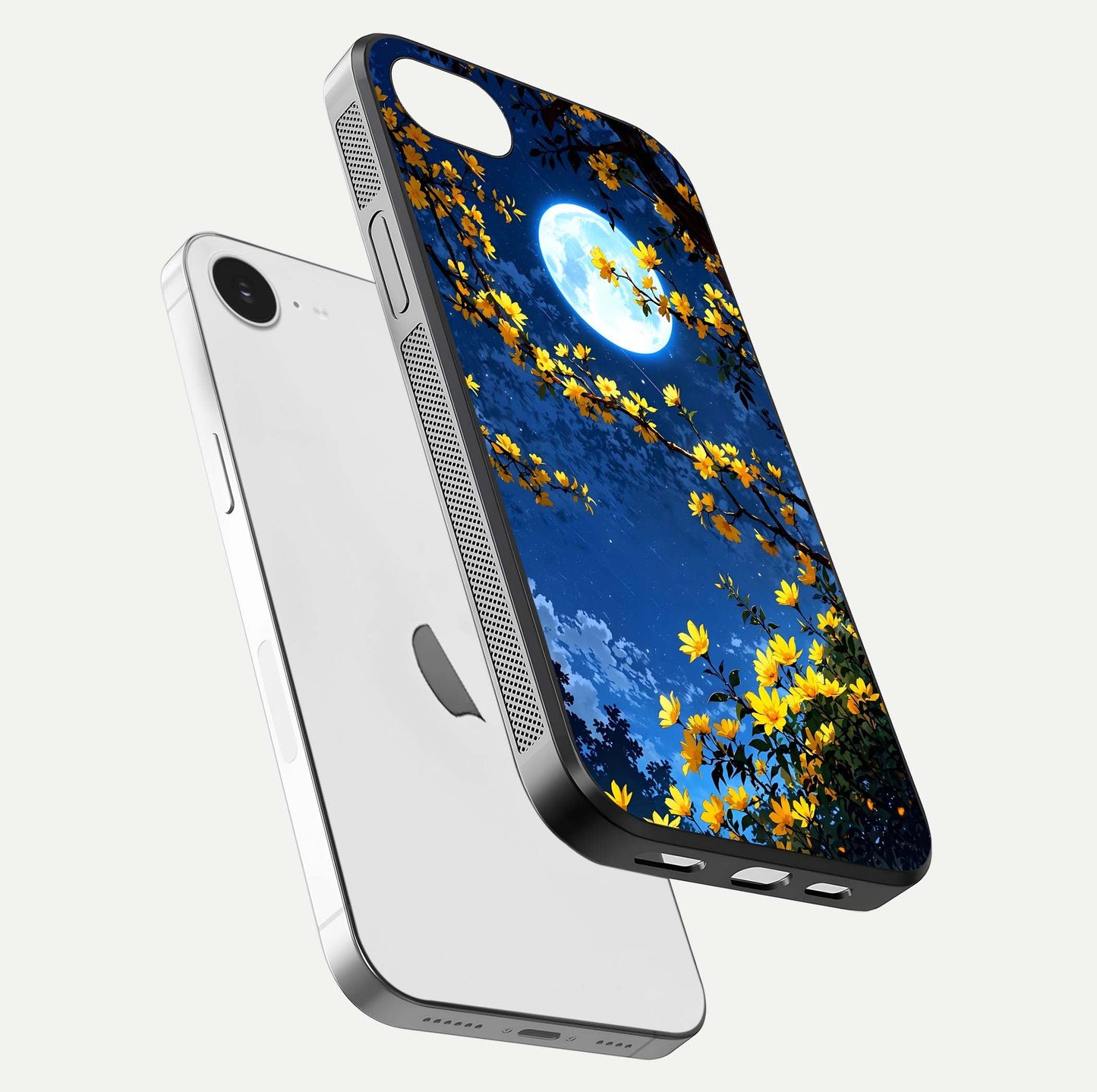 Golden Night Glow Glass Case for iPhone 16e floating dual-view mockup showing gloss polish and luxury shine