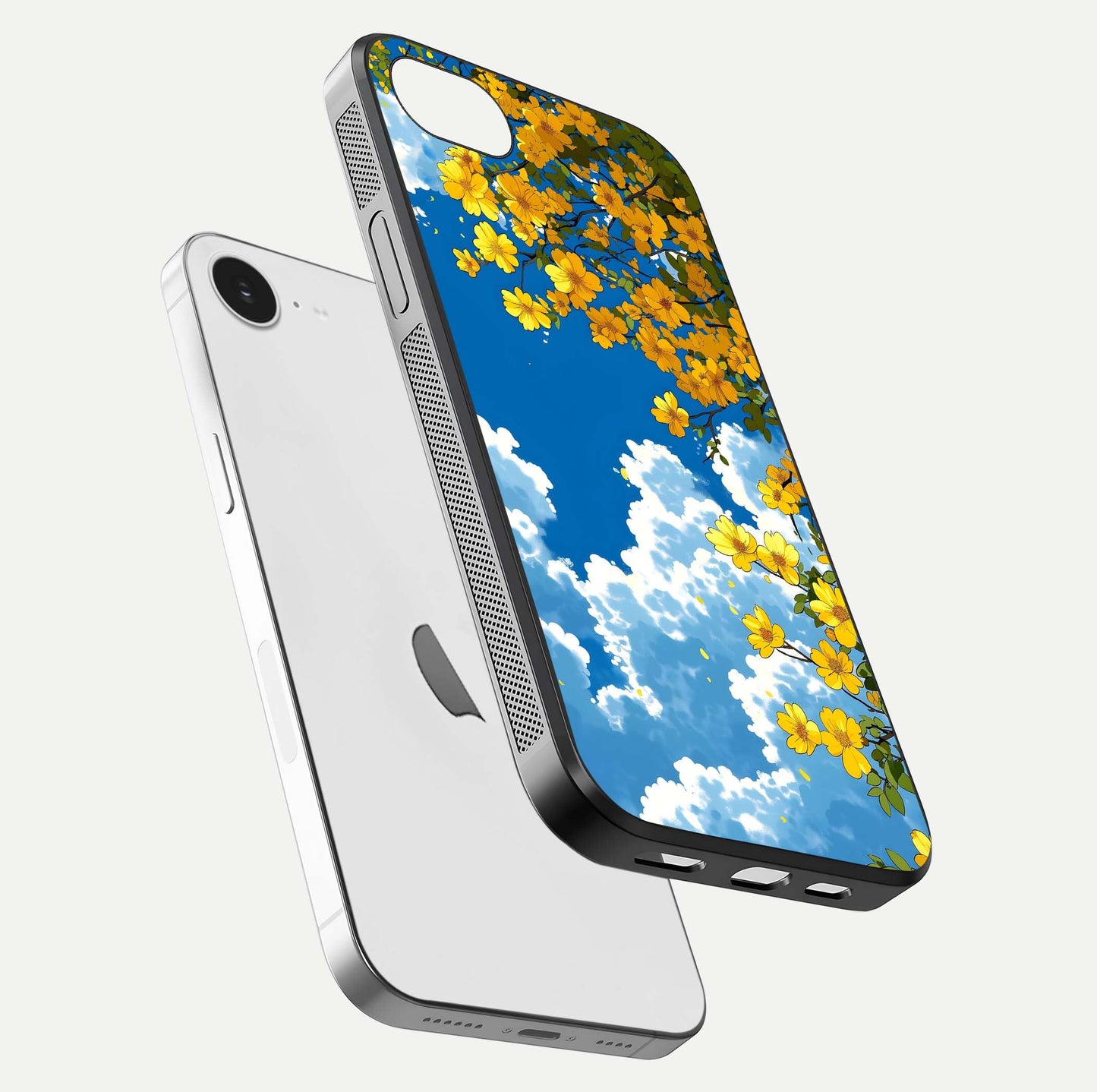 Golden Petal Sky Glass Case for iPhone 16e floating dual-view mockup showing gloss brilliance and gold detail
