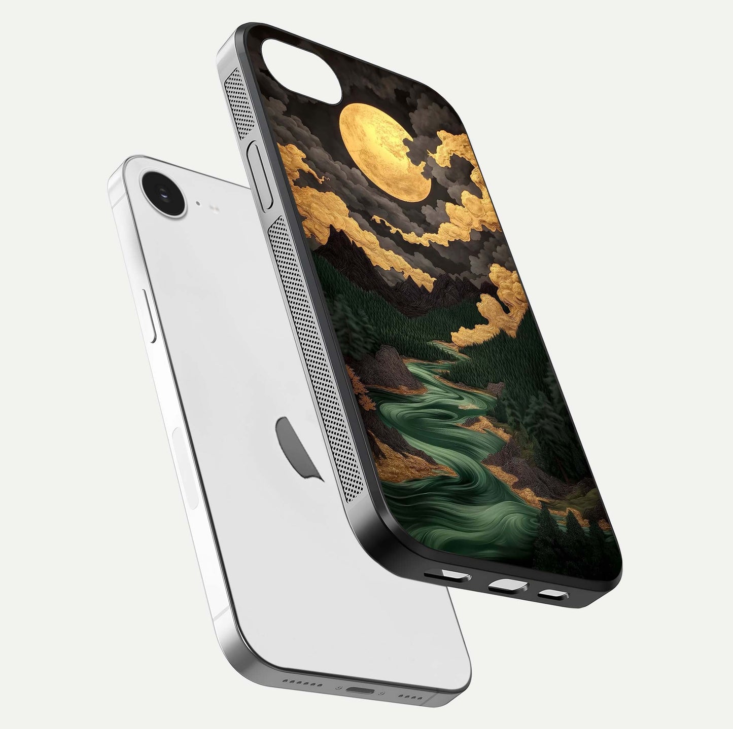 Golden River Moon Glass Case for iPhone 16e floating dual-view mockup showing gloss surface and luxury tone