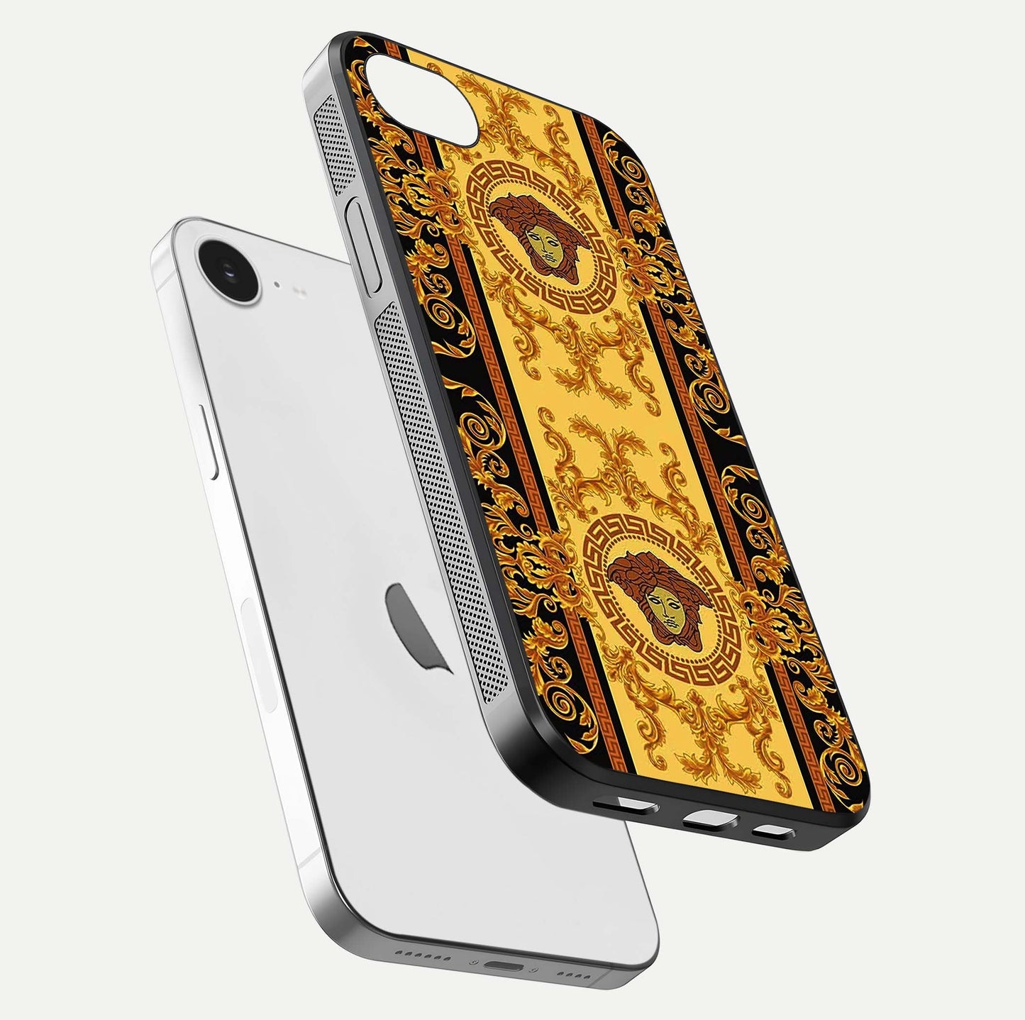 Golden Royal Heritage Glass Case for iPhone 16e floating dual-view mockup showing glossy surface and rich regal tone