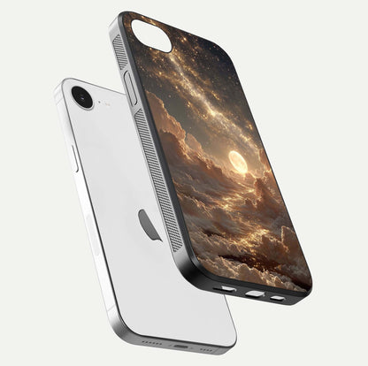 Golden Sky Dream Glass Case for iPhone 16e floating dual-view mockup showing gloss depth and elegant finish
