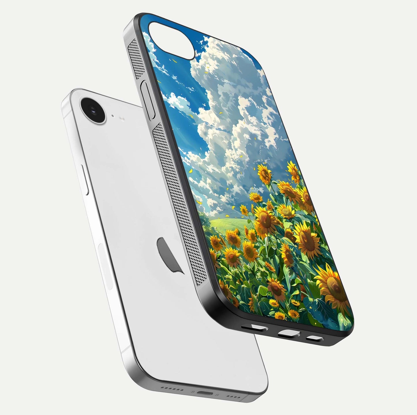 Golden Sun Glory Glass Case for iPhone 16e floating dual-view mockup showing gloss shine and premium surface
