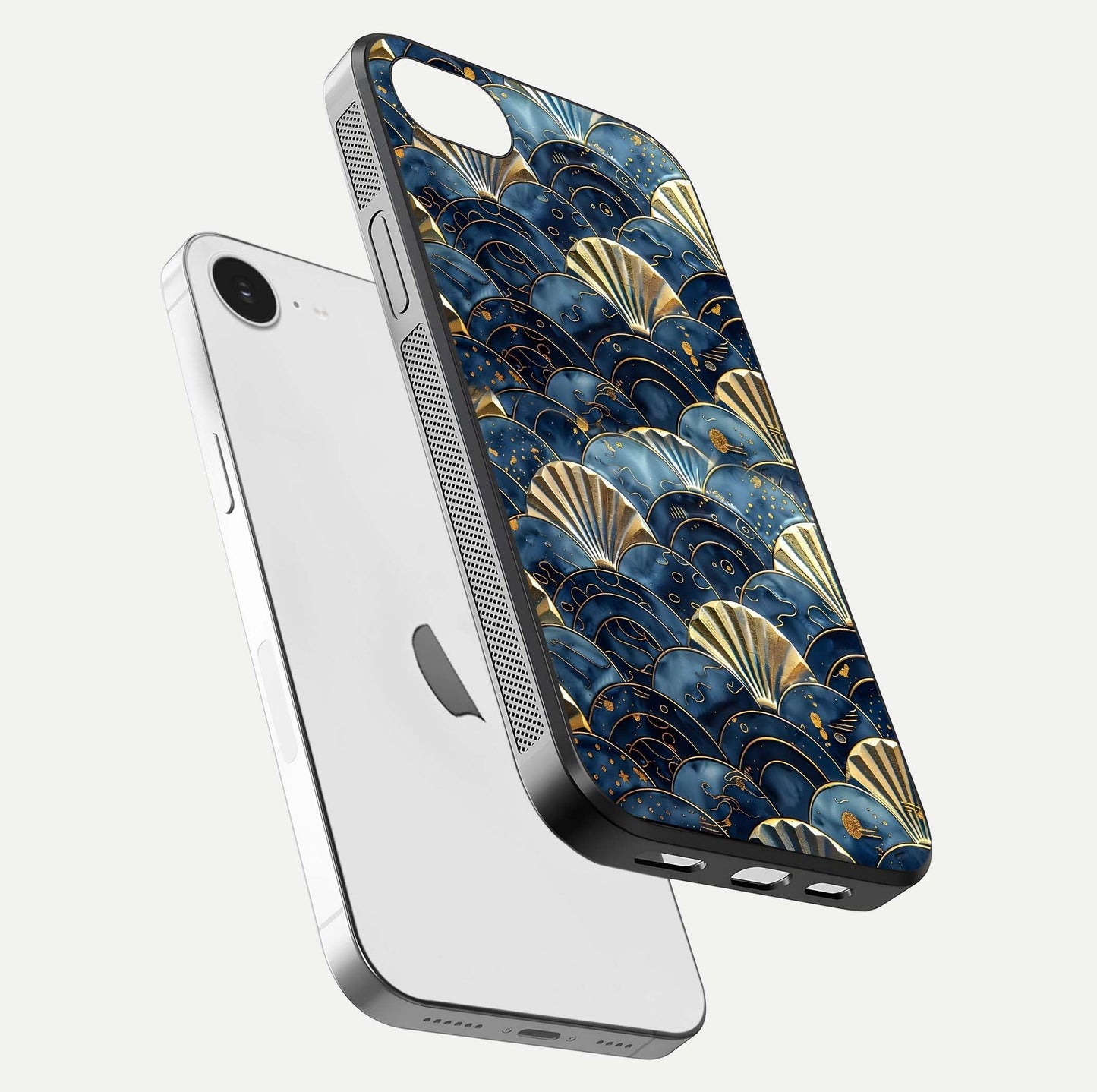 Golden Wave Luxe Glass Case for iPhone 16e floating dual-view mockup showing gloss surface and shimmering tones