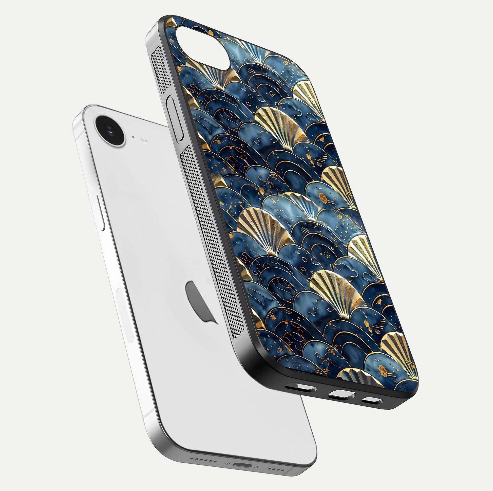 Golden Wave Luxe Glass Case for iPhone 16e floating dual-view mockup showing gloss surface and shimmering tones