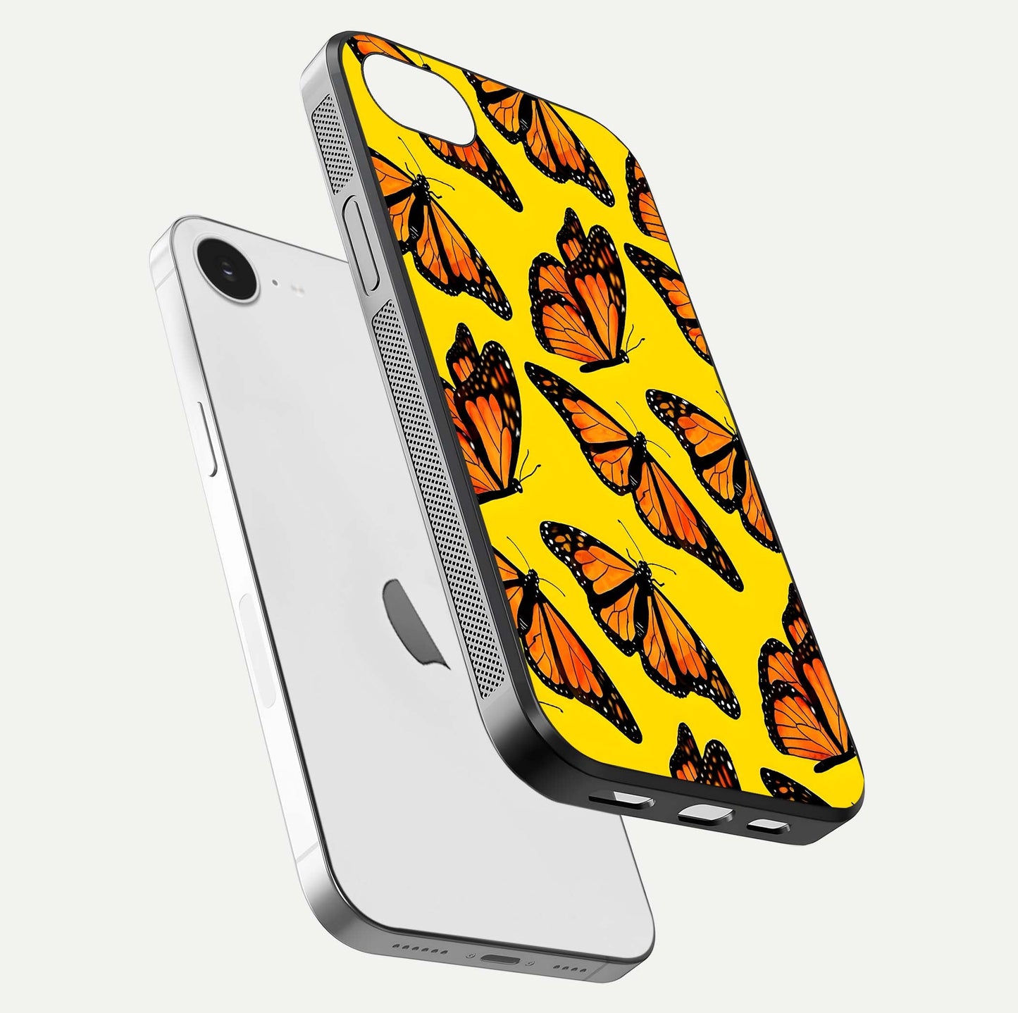 Golden Wing Flight Glass Case for iPhone 16e floating dual-view mockup showing gloss reflection and luxury tone