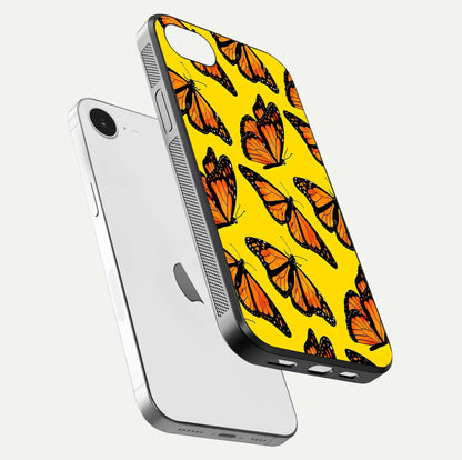 Golden Wing Flight Glass Case for iPhone 16e floating dual-view mockup showing gloss reflection and luxury tone