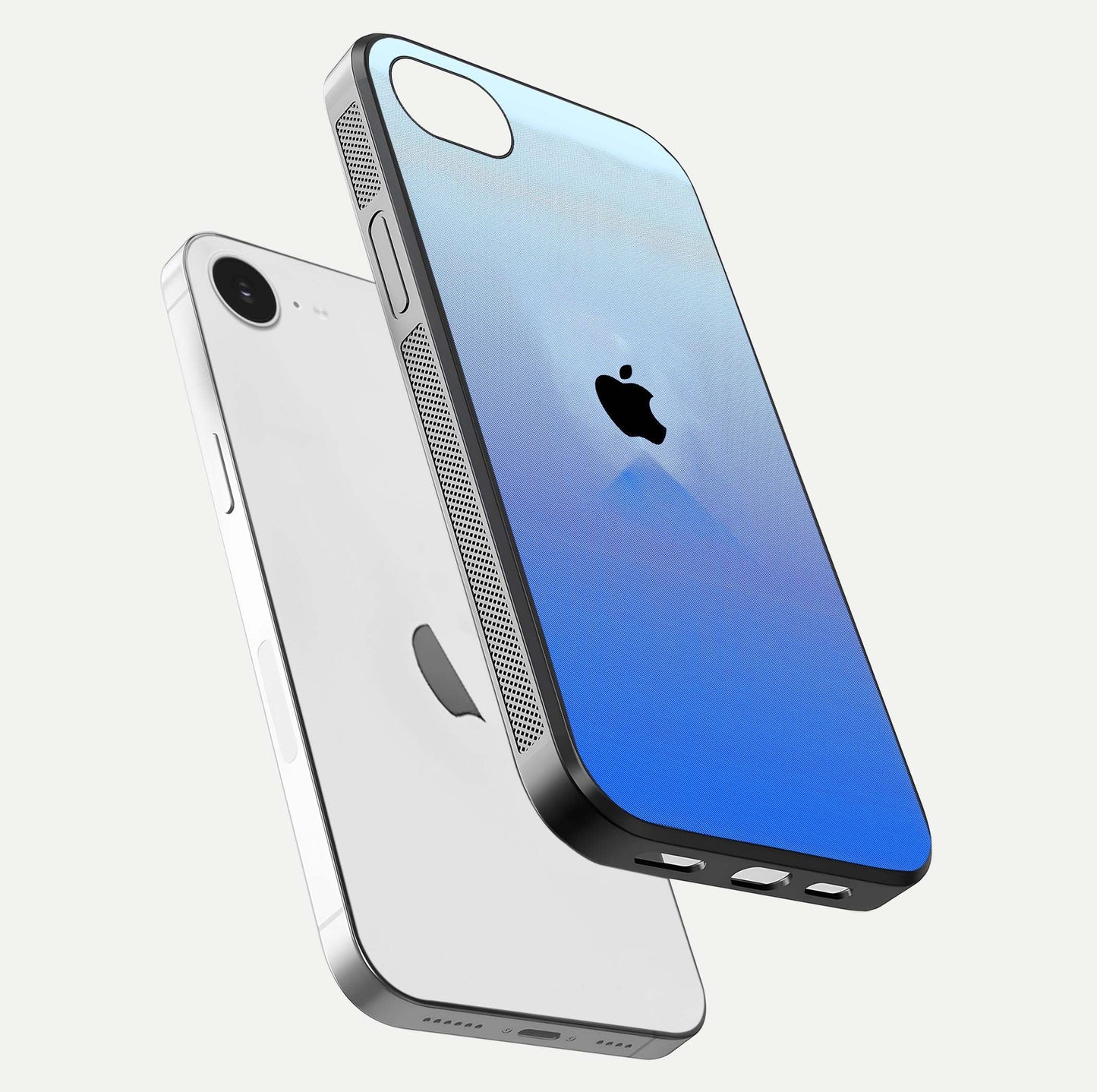 Gradient Apple Vibe Glass Case for iPhone 16e floating dual-view mockup showing gloss polish and gradient blend