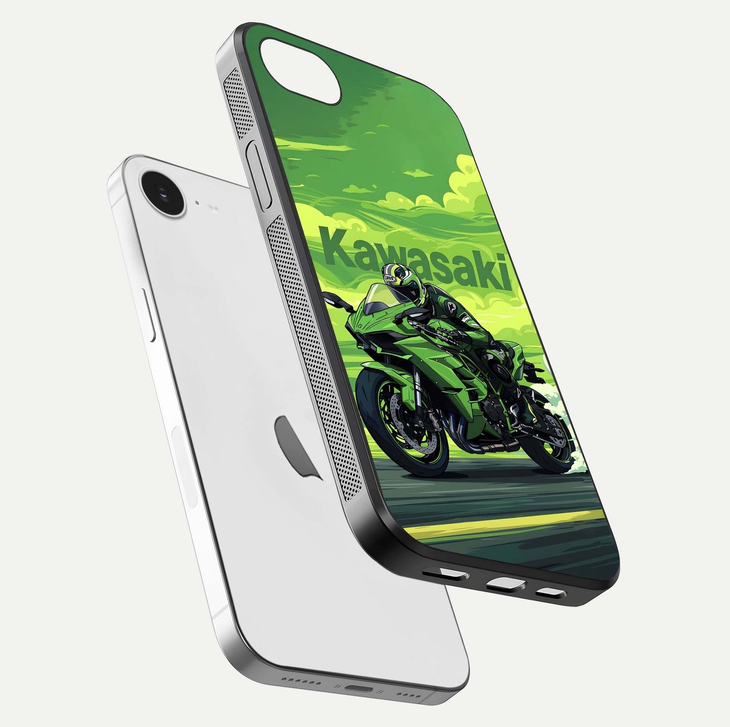 Green Kawasaki Glass Case for iPhone 16e floating dual-view mockup showing gloss surface and power-bike theme