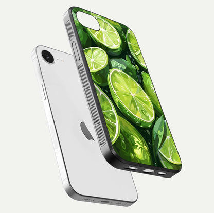 Green Lemon Glass Case for iPhone 16e floating dual-view mockup showing glossy surface and fruity freshness