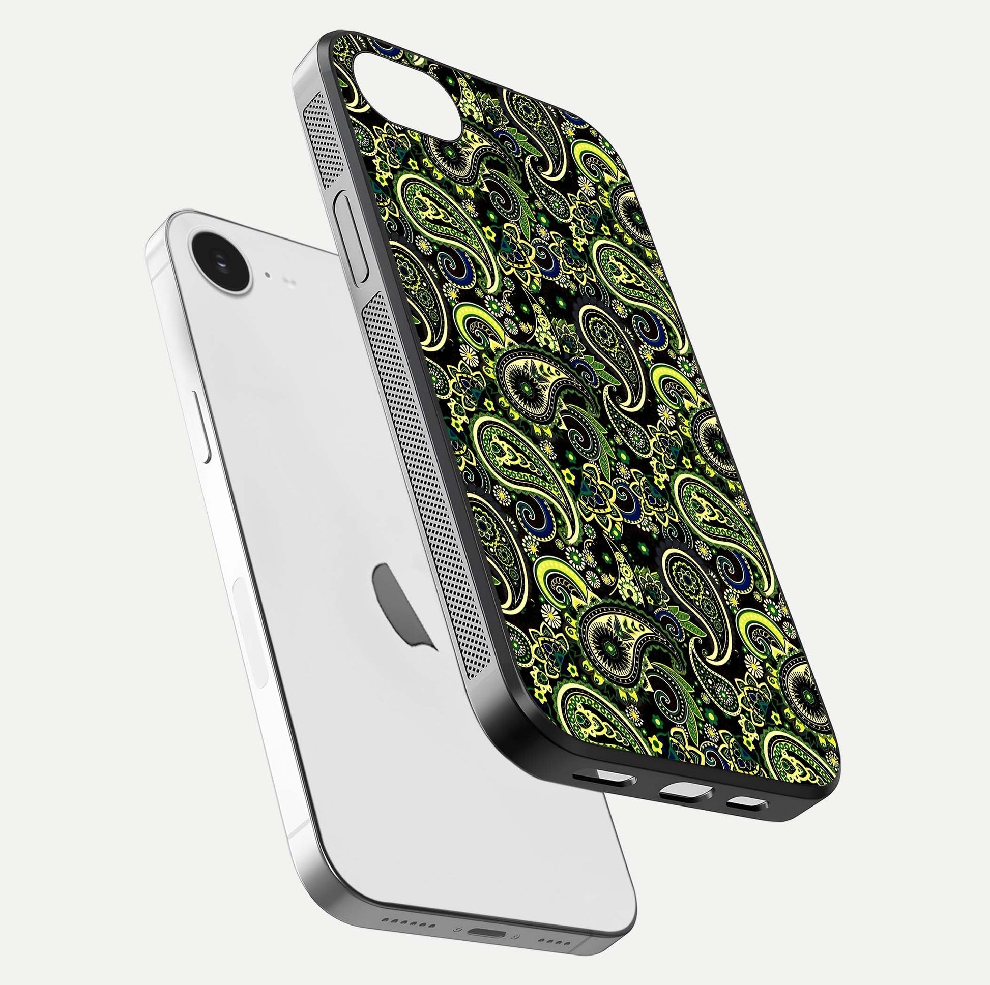 Green Mandala Pattern Glass Case for iPhone 16e floating dual-view mockup showing gloss texture and symmetry shine